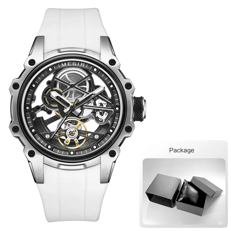 MEGIR Automatic Mechanical Sport Watch for Men Fashion Waterproof Luminous Wristwatch with Silicone Strap SKeleton Dial 2243