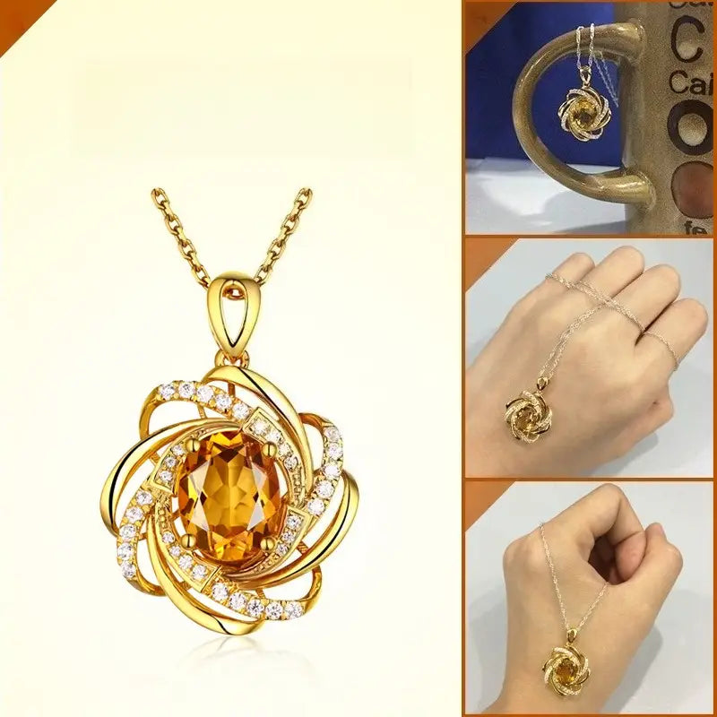 Collier pendentif doré avec pierre ovale centrale en citrine entourée de bandes dorées tourbillonnantes et de diamants transparents dans un design de pierre de naissance pour moulin à vent en citrine.