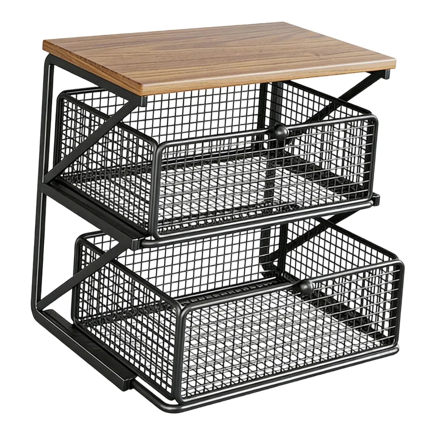 black metal mesh coffee station organizer with a wooden counter shelf and drawer for countertop storage and organization