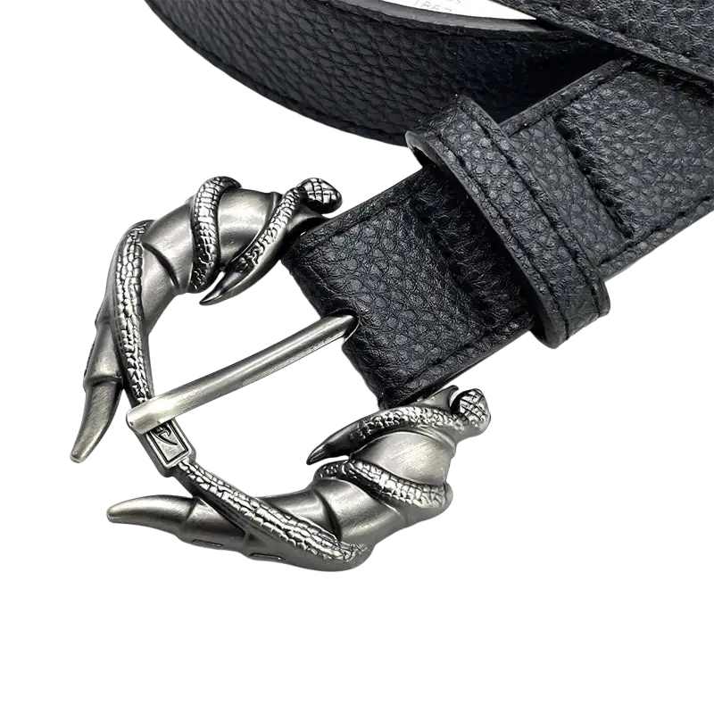 Black leather belt designer with silver-toned snake and claw buckle for punk corset and gothic fashion