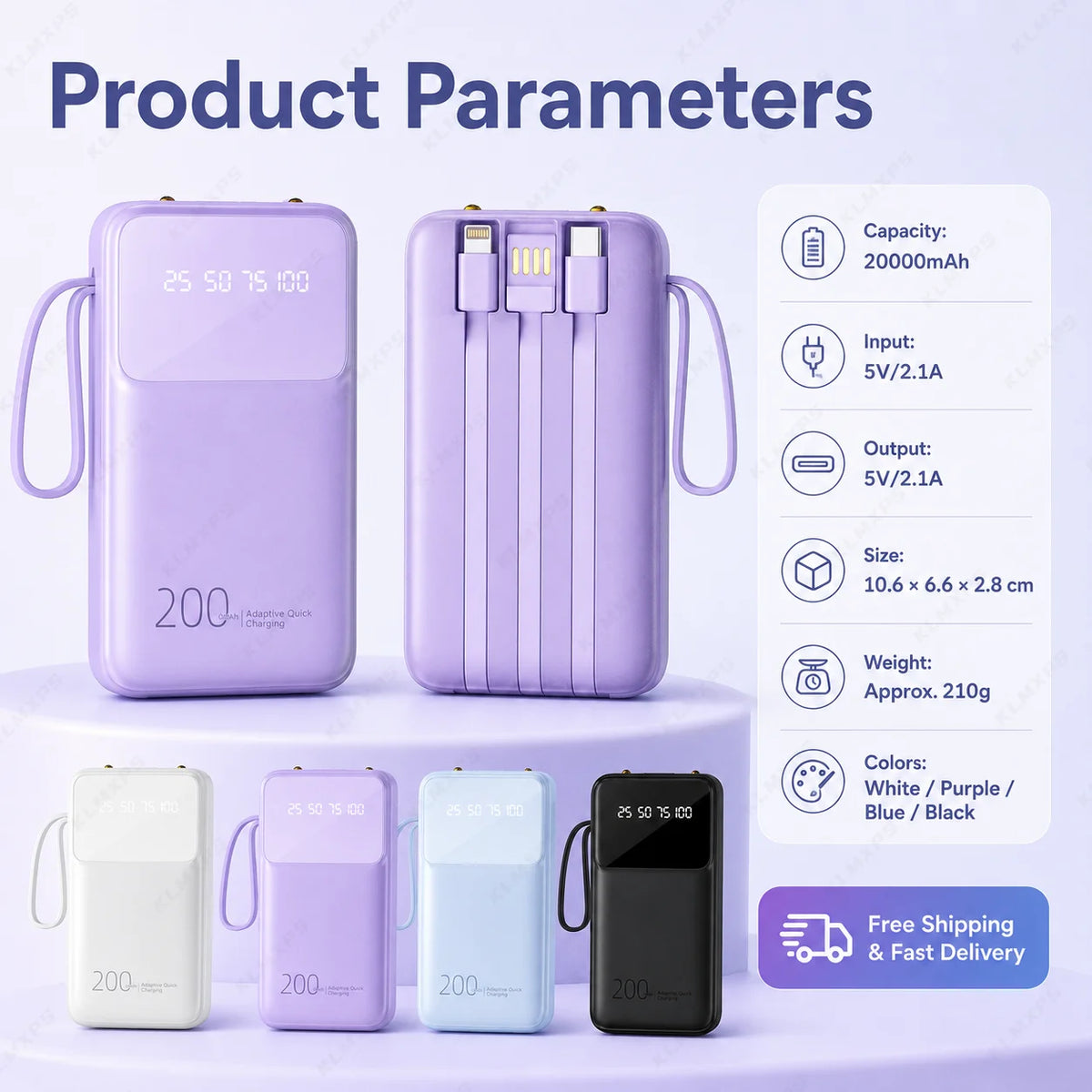 20000mAh Portable Power Bank Built-in 3 Cables Rechargeable External Battery Pack with Digital Display for iPhone Android