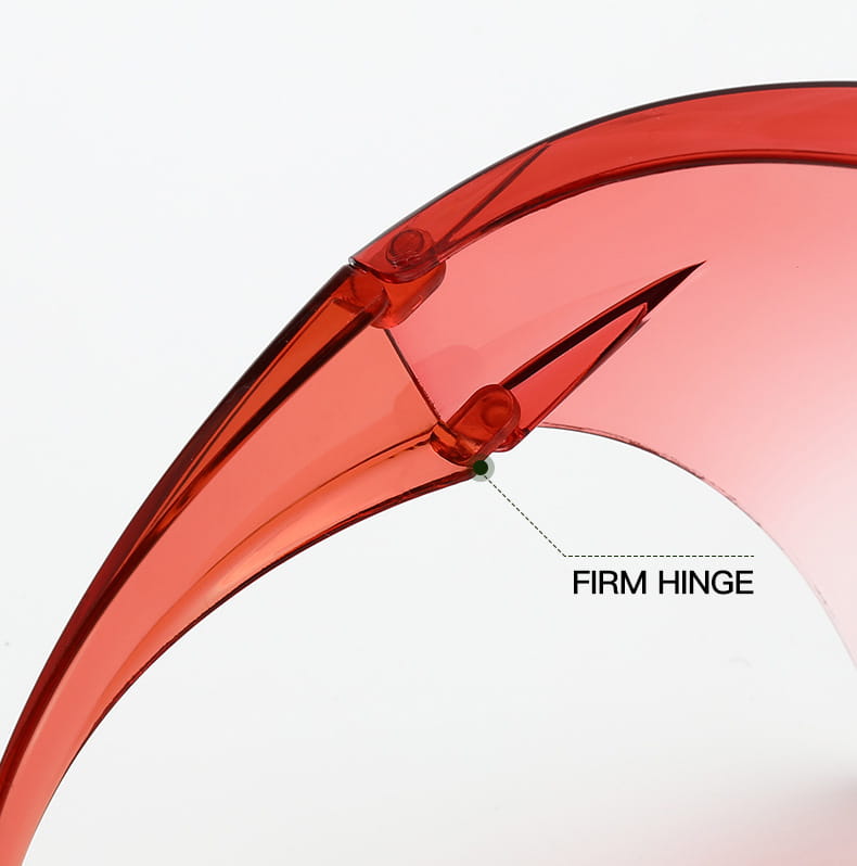 A translucent red plastic full face safety glasses protective face shield mask with a firm hinge design highlighting glasses features for enhanced protection glasses use.