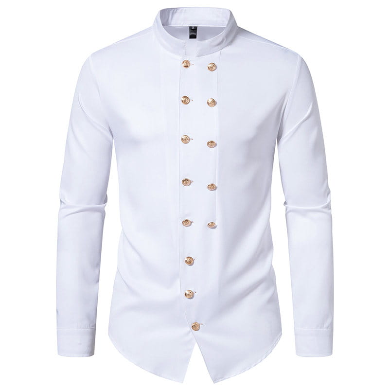 camisa gótica blanca para hombre de manga larga, cruzada doble, con cuello alzado y botones de tono dorado