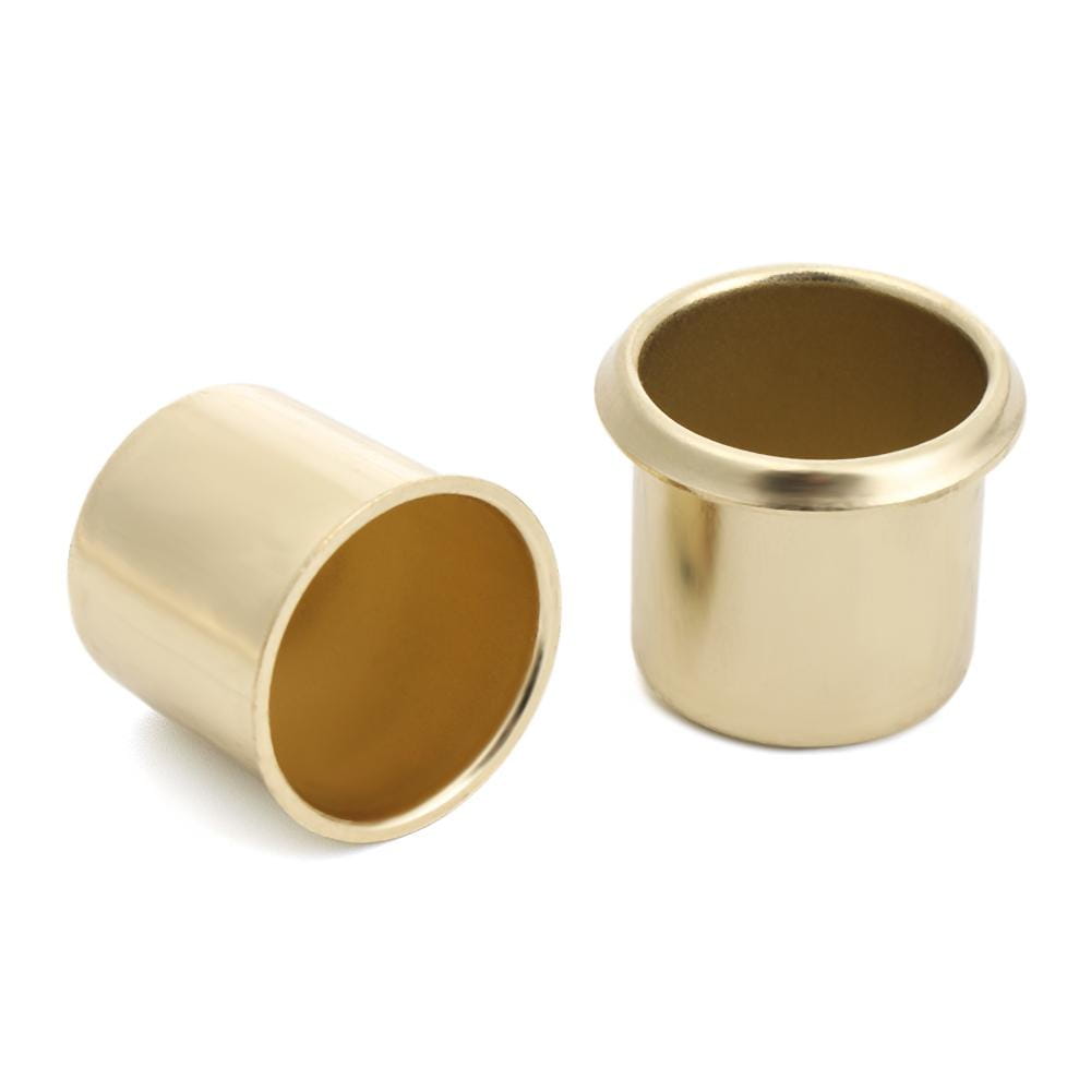 Deux coupes à bougies en métal doré poli avec une surface réfléchissante lisse et des rebords légèrement évasés pour des créations DIY et des supports.