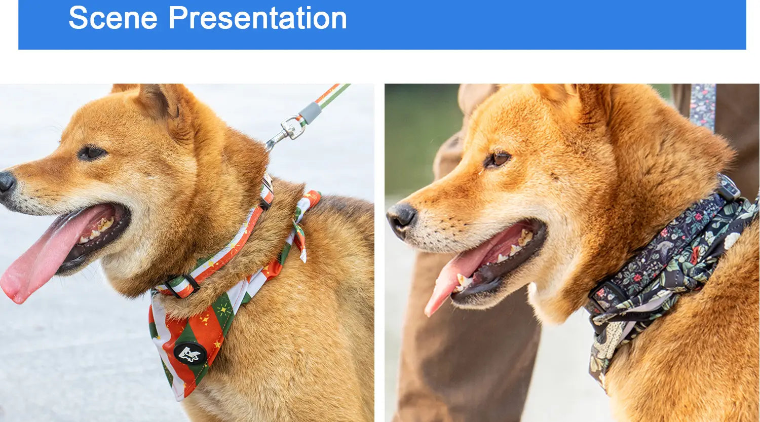 L’image montre un collier pour animal de compagnie de type bandana festif rouge, vert et blanc à motifs, avec une circonférence du cou réglable, un logo brodé, associé à une laisse assortie.