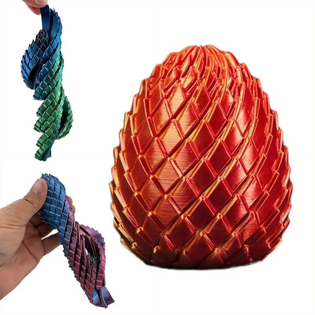 A vibrant red articulated dragon egg fidget toy with intricately woven interlocking diamond-patterned segments and a metallic finish viewed from the front.