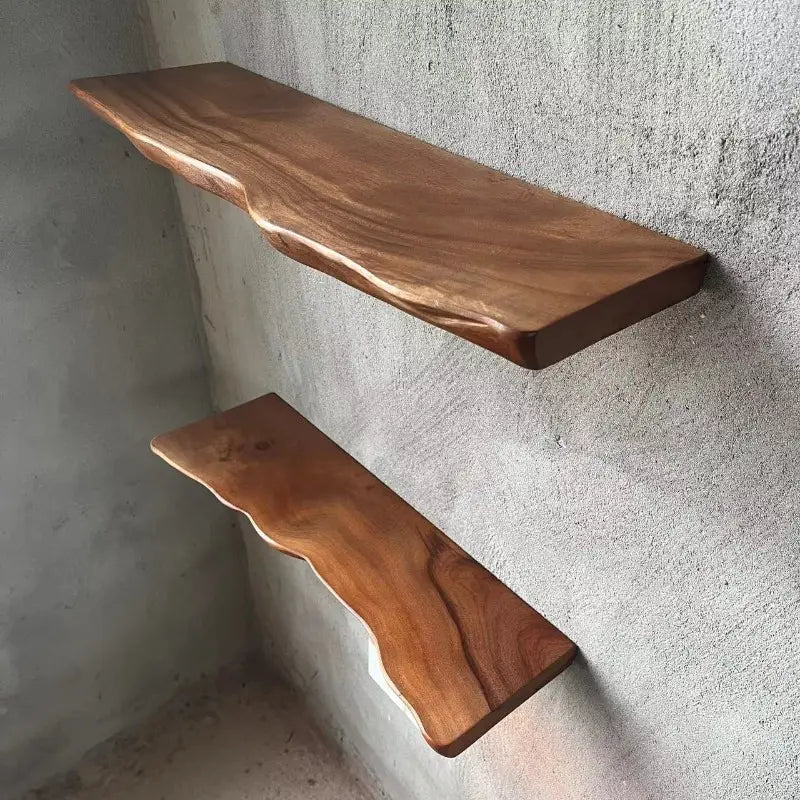 two rustic live edge wooden shelves with a warm brown finish and natural wood grain for wall farmhouse wooden use