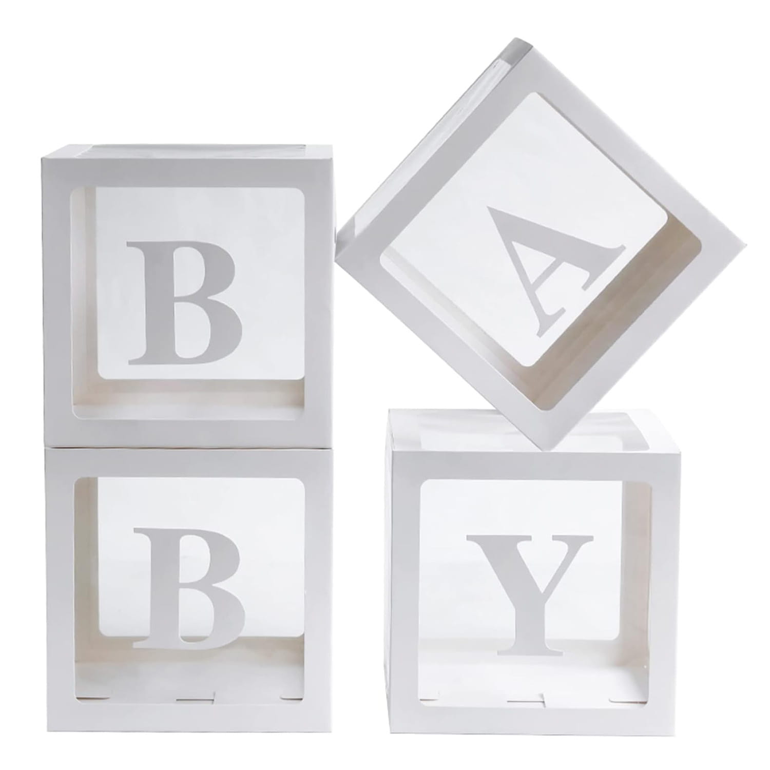 weiße Babykissen-Dekoration aus Würfelblöcken mit silberner Beschriftung, die auf jedem Würfel das Wort „baby“ für Baby-Dusch-Serviettenballonboxen ausspricht, 4-teilige transparente Buchstabenblock-Set