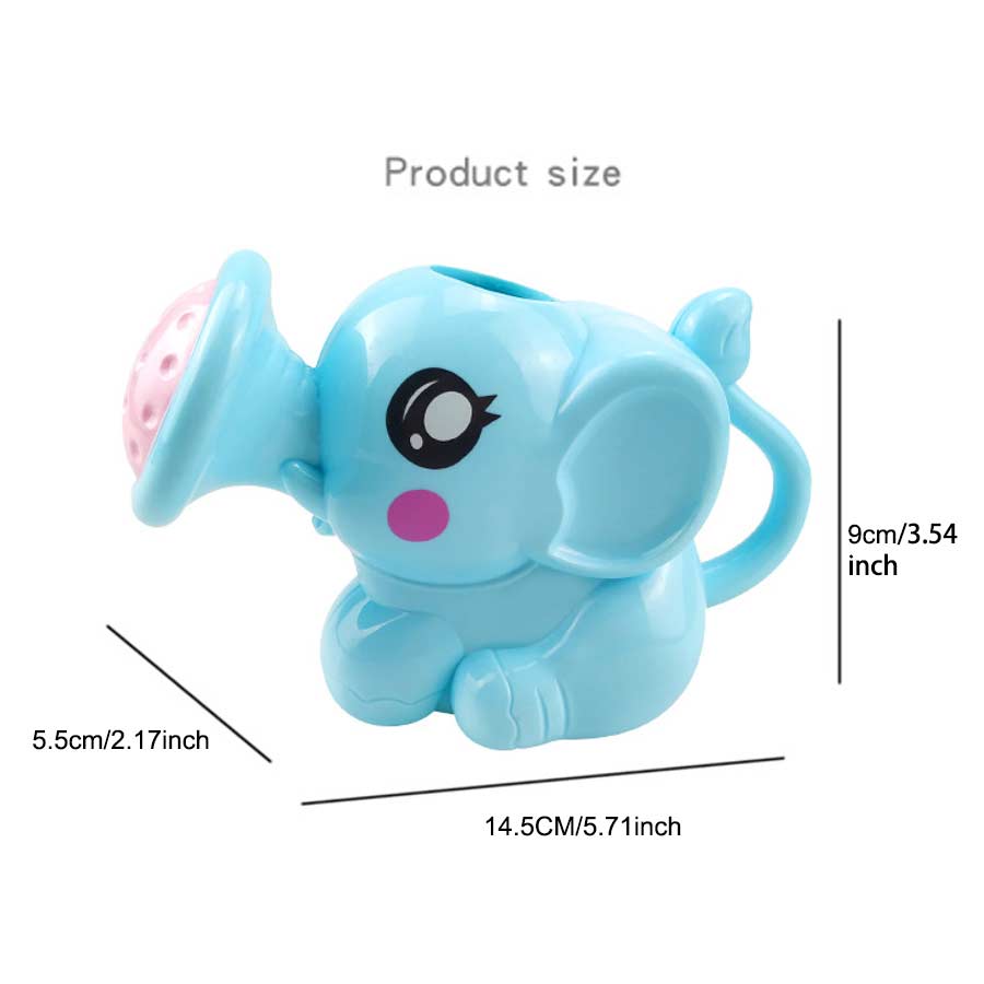 Ein hellblaues Baby-Bade-Spielzeug aus Kunststoff in Form eines Elefanten mit Wasser-Sprühdüse, pink gepunkteter Düse und schwarzen Augen.