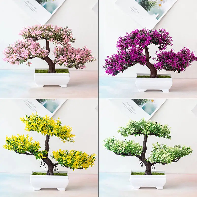 une petite plante artificielle de type bonsaï, petit pot d’arbre, avec des fleurs et un feuillage vifs rose, violet, jaune et vert dans un élégant pot en céramique blanc, idéal comme plante décorative en pot