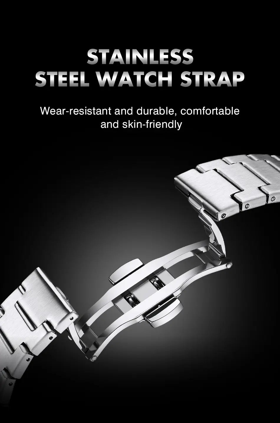 Paazomu luxury chronograph watch stainless steel strap with sleek polished finish and interlocking links.