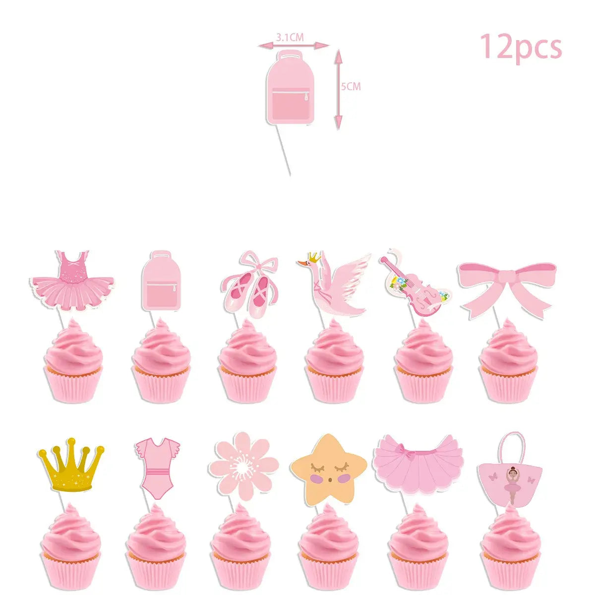 Lot de 12 toppers pour cupcakes sur le thème de la danse classique, de couleur rose, comprenant des tutus, des chaussures, des nœuds et des motifs de ballerine, pour l’ensemble de bannière d’anniversaire et de topper de gâteau sur le thème de la danse classique.