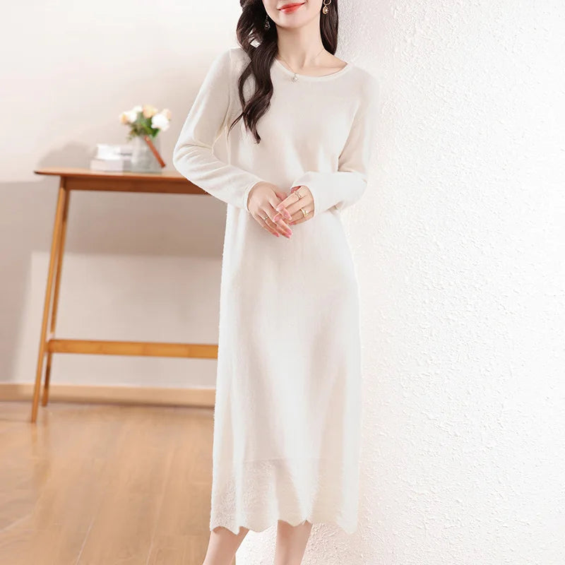 100% Pure Wool Women's Long Dress Winter Loose Round Neck Pullover Sweater Skirt Knit Bottoming Dress