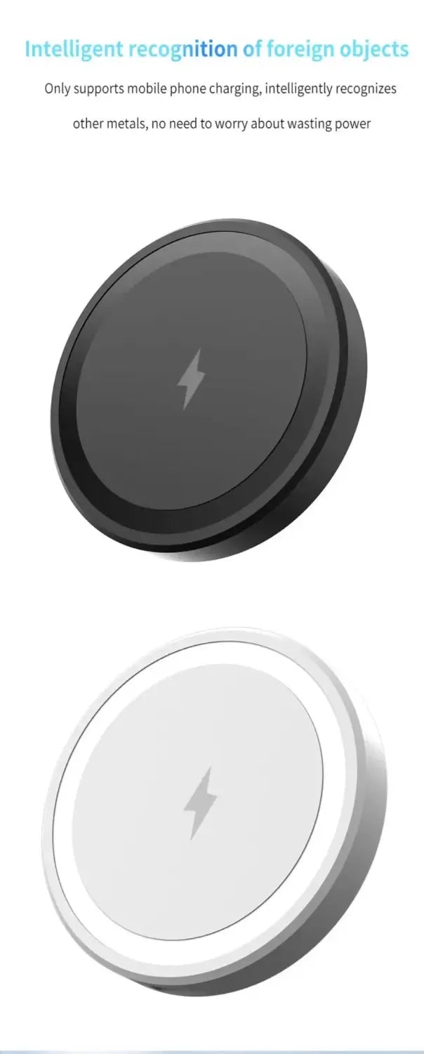 black and white circular magnetic wireless charger with type c connector and lightning bolt symbol in the center featuring a portable design
