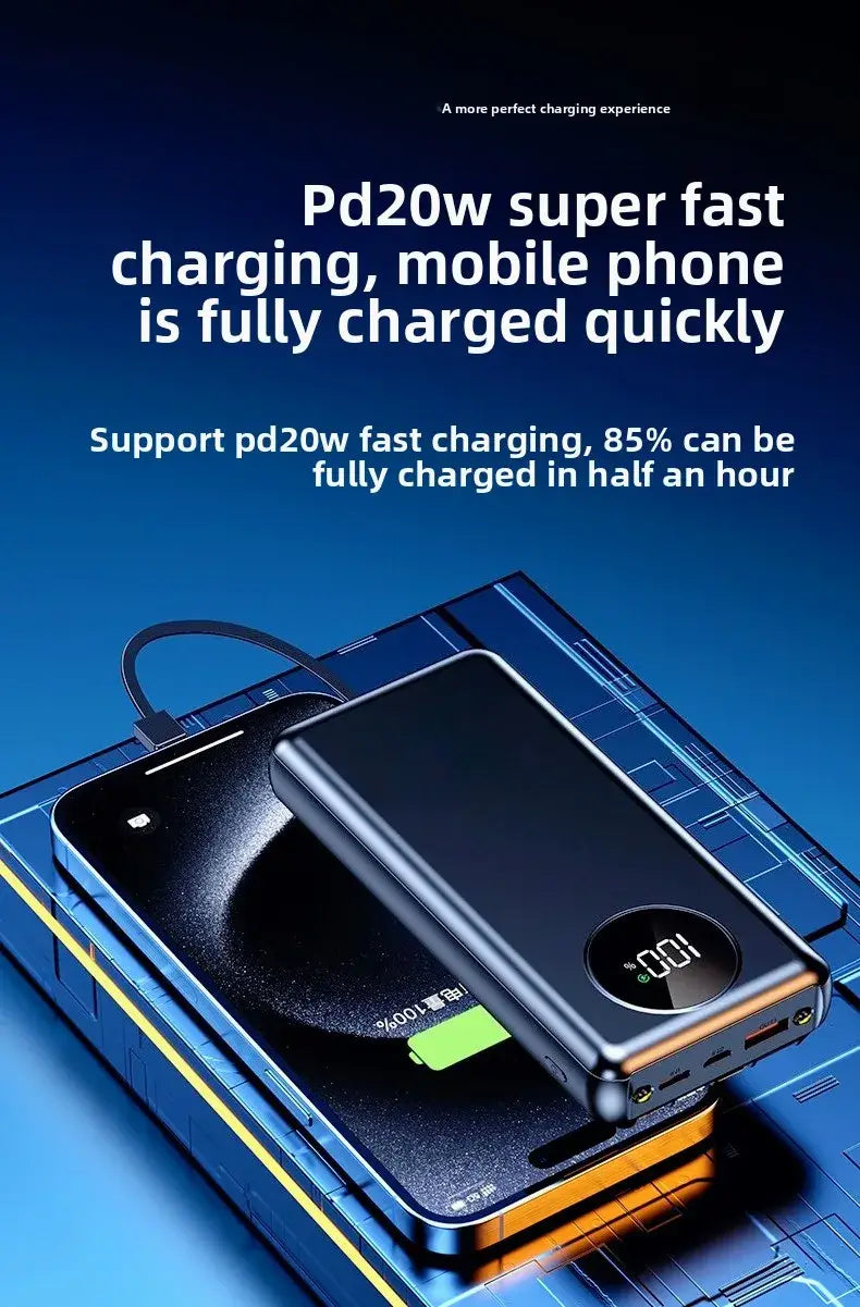 Black rectangular power bank 20000mah with a circular digital display showing 100 percent charge and multiple usb ports supporting 5v2a fast charging.