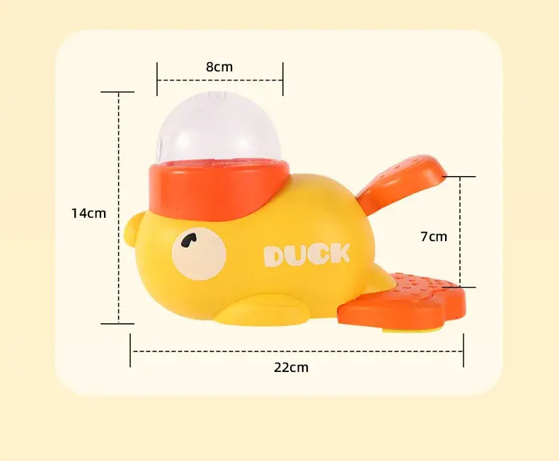 Jouet en forme de canard jaune en plastique, avec des touches orange et un dôme transparent sur la tête, conçu comme un distributeur automatique de jouets pour chat interactif