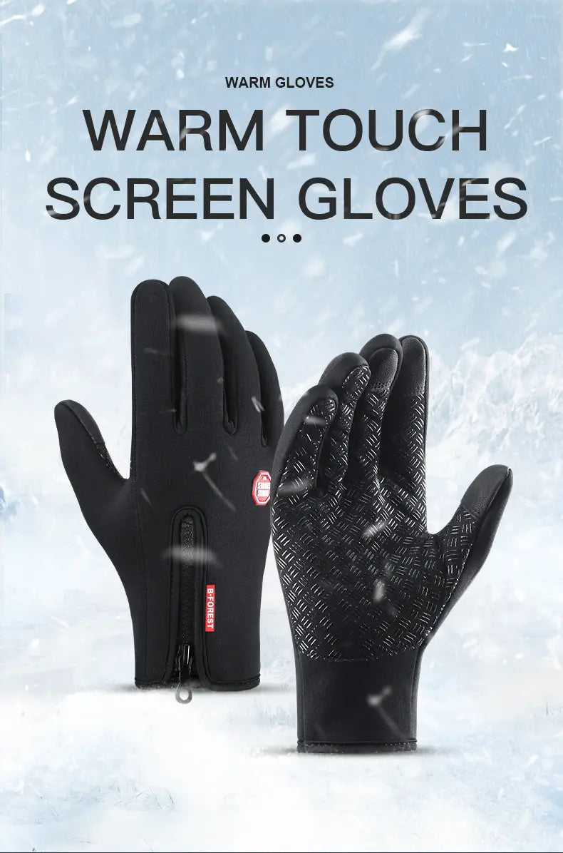 Guantes de ciclismo con pantalla táctil a prueba de viento negros para hombres y mujeres, con agarre texturizado en las palmas y los dedos, y cierre con cremallera en la muñeca, mostrados desde el reverso.