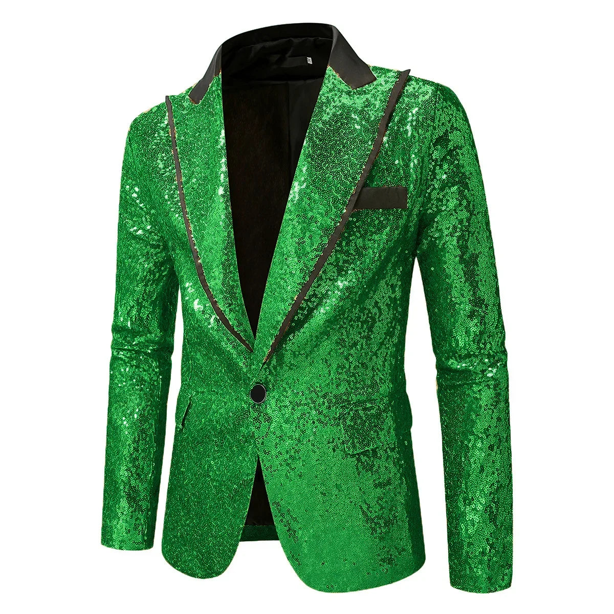 Blazer de soirée pour homme vert vif à sequins avec des finitions noires et un carré de poche assorti, présenté dans la collection de blazer de soirée pour homme rouge à sequins.