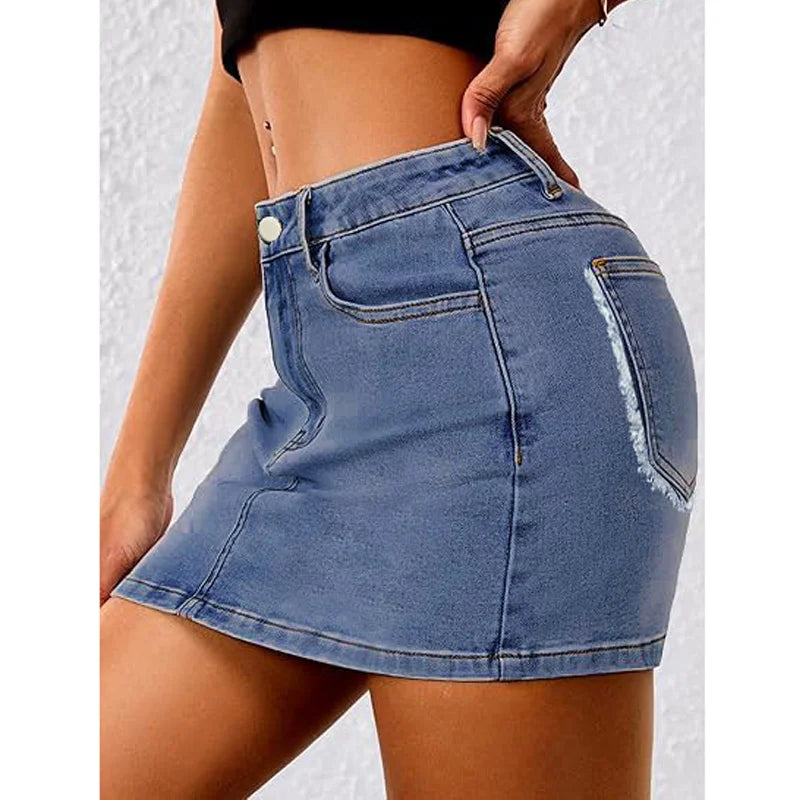 Denim Skirt Summer Women Stretch Denim Skirt A Line Mini Skirt Casual Fashion Elastic Waist Ruffled Hem Skirt