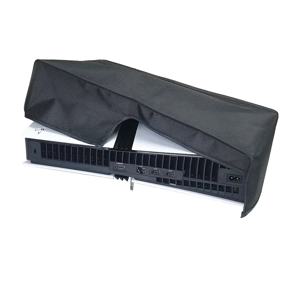 black mesh protective cover made of oxford cloth for ps5 pro console in horizontal position to prevent dust accumulation