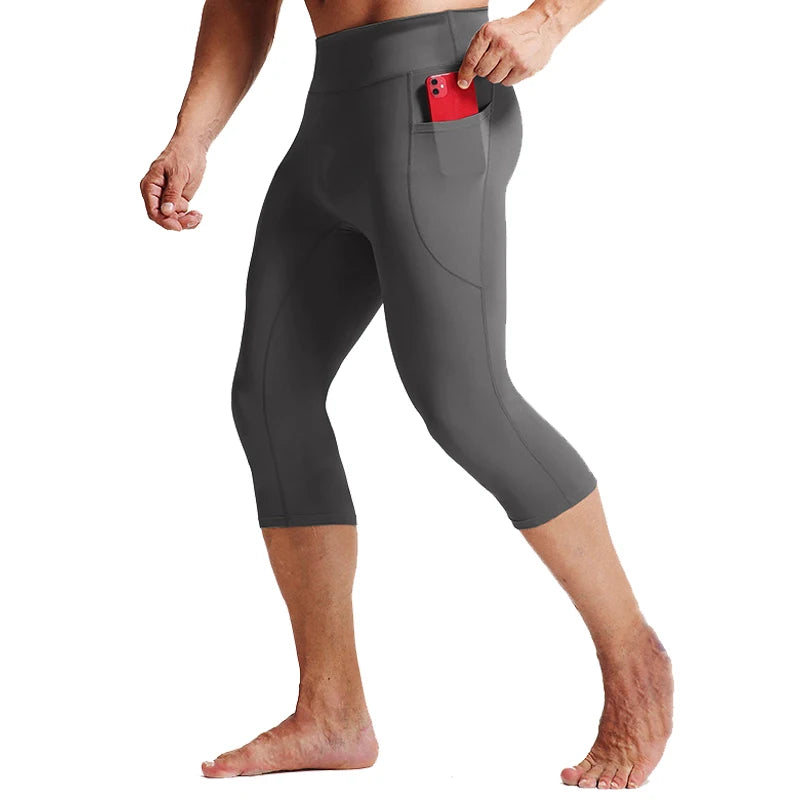 Men High Waist 7/8 Compression Pants Quick Dry Breathable Tight Sports Leggings Running Jogging Gym Fitness Training Workout Cap