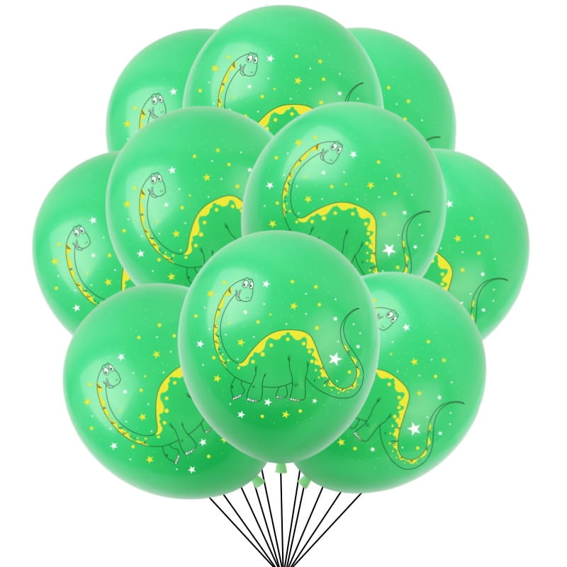Grüne Latex-Dinosauriergeburtstags-Partyballons (10er-Pack) mit Cartoon-Dinosauriern mit gelben Akzenten und Sternmustern.