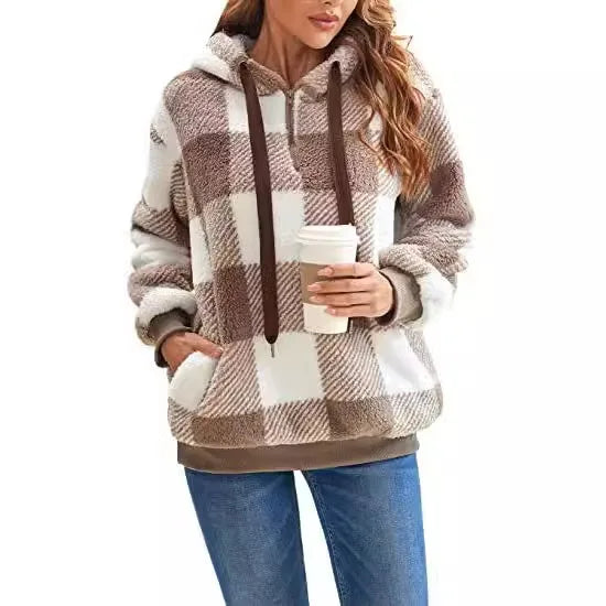 Women Plaid Sweatshirts Casual Hoodies Fuzzy Patchwork Long Sleeves Loose Fit Slight Strech Thick Office Lady Retro Hooded