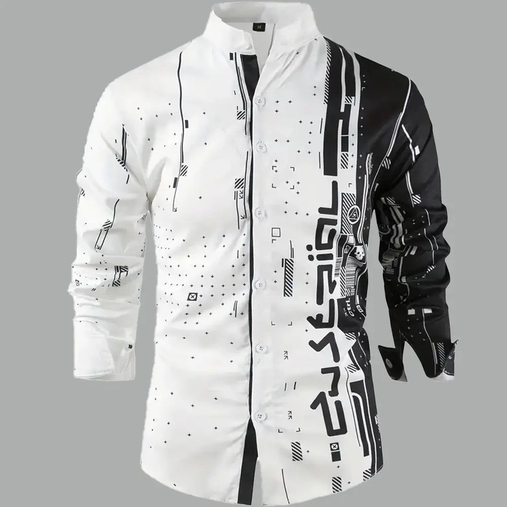A modern white and black graphic button up long sleeve shirt for men with a stand collar and bold geometric patterns featuring the word essential in stylized lettering.