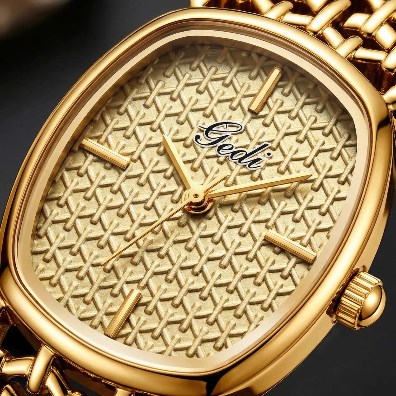 Gold-toned gedi women watch with an elegant woven pattern dial and matching braided metal bracelet quartz timepiece.