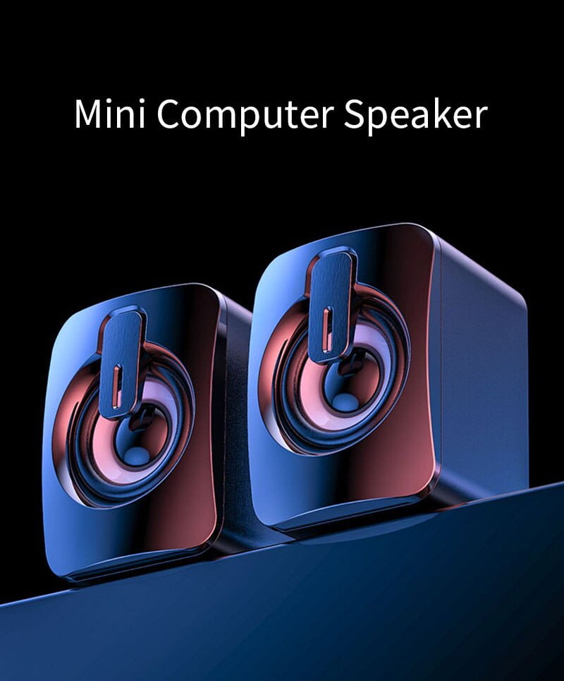 a pair of sleek glossy black usb computer speakers with metallic accents circular drivers and led lights for enhanced audio experience