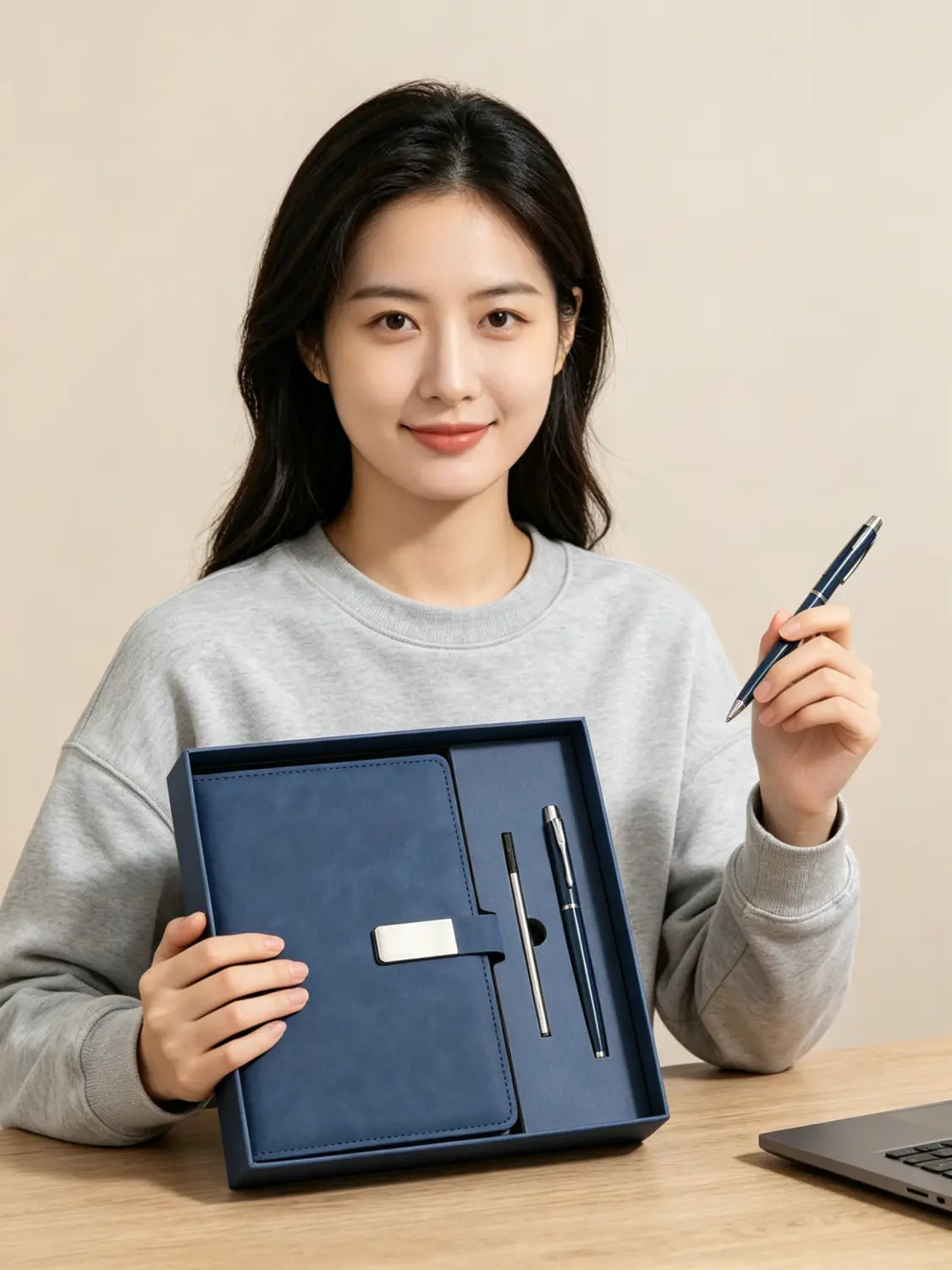 Navy blue leather-bound A5 lined notebook with silver and black pen set in an elegant gift box leather journal gift set for men.