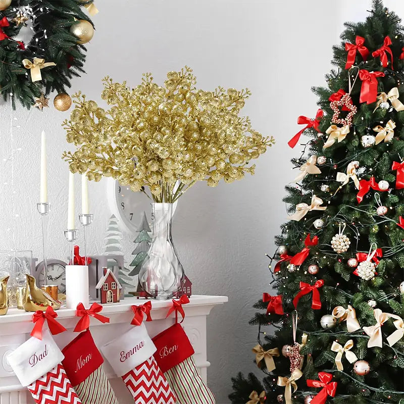 a shimmering gold glittery flower bouquet with berries arranged in a clear glass vase 20pcs christmas decoration glitter for holiday decor