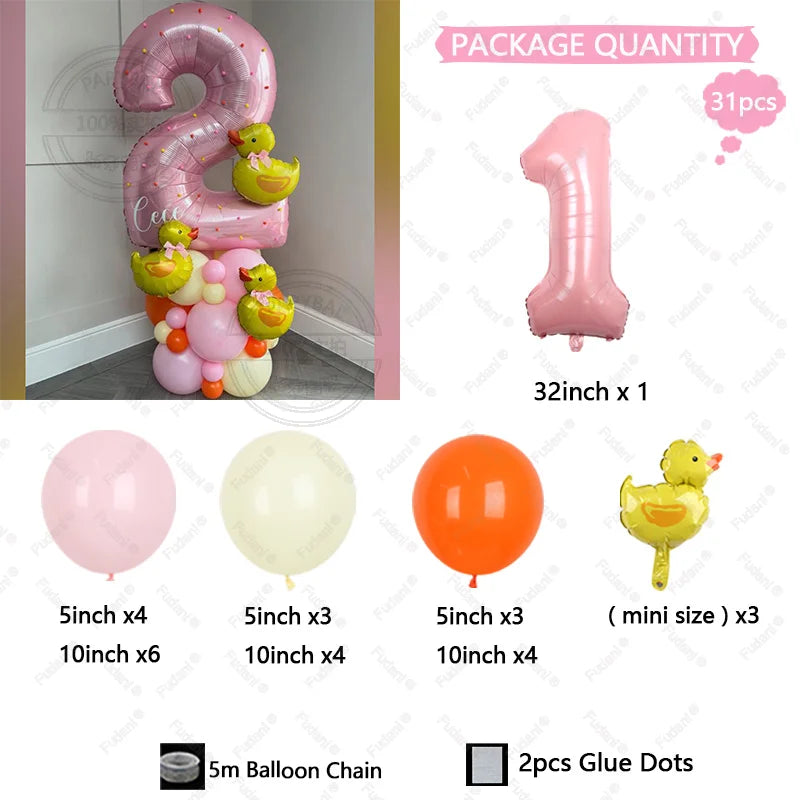 31pcs 32 Inch Pink Number 1-9 Birthday Balloon Set Mini Yellow Duck Balloon Cartoon Animal Theme Party Decoration Baby Shower