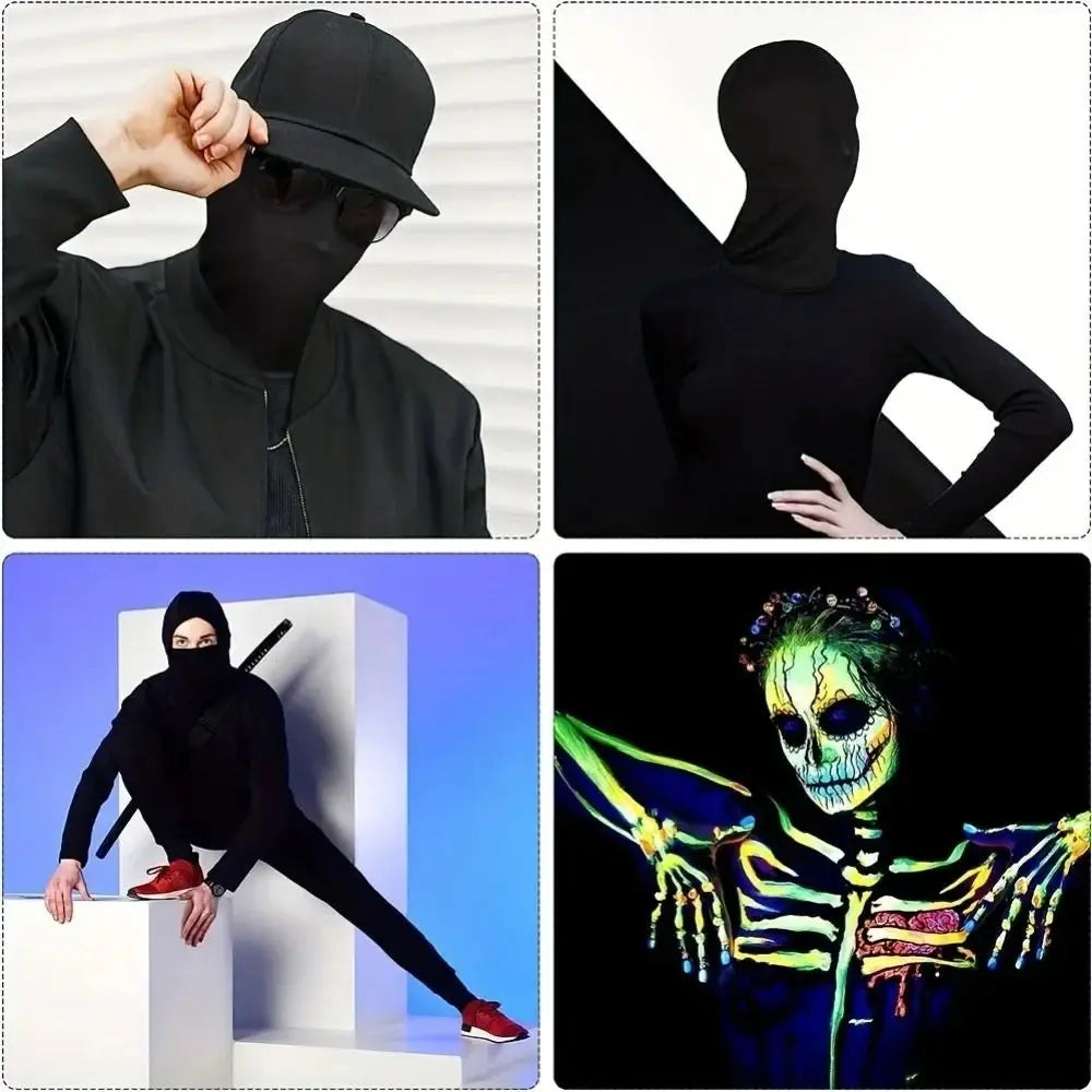 Black spandex full face mask 2 pack featuring a black full-body ninja suit with hood and long sleeves shown from the back.