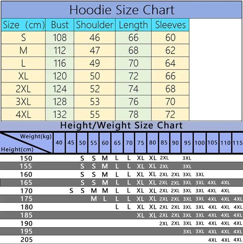 Größentabelle für Herren-Hoodies für einen Winter- Casual- Kapuzenpullover mit Messangaben in Zentimetern sowie Gewicht- und Größeneempfehlungen für jede Größe.