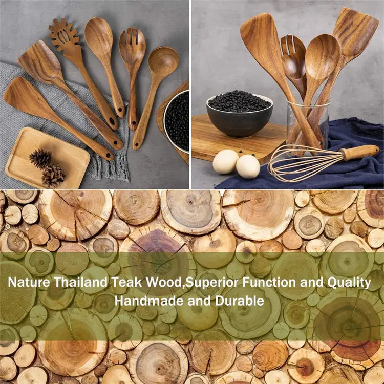 Set of natural Thailand teak wood kitchen utensils with smooth handcrafted surfaces including spoons forks spatulas and a whisk for cooking.