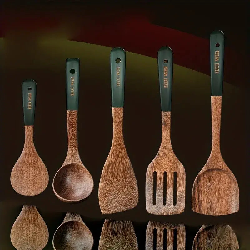 Set of five wooden cooking utensils with dark green handles featuring natural wood grain and engraved branding suitable for nonstick safe use.