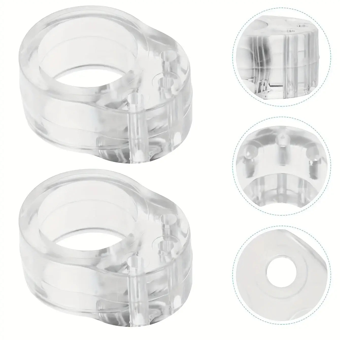 Les clips de pare-chocs mural pour poignée de porte sont des accessoires en plastique clair en forme d’anneau, présentant une finition brillante transparente et des détails structurels moulés, conçus pour protéger les murs contre les dommages causés par les poignées de porte.