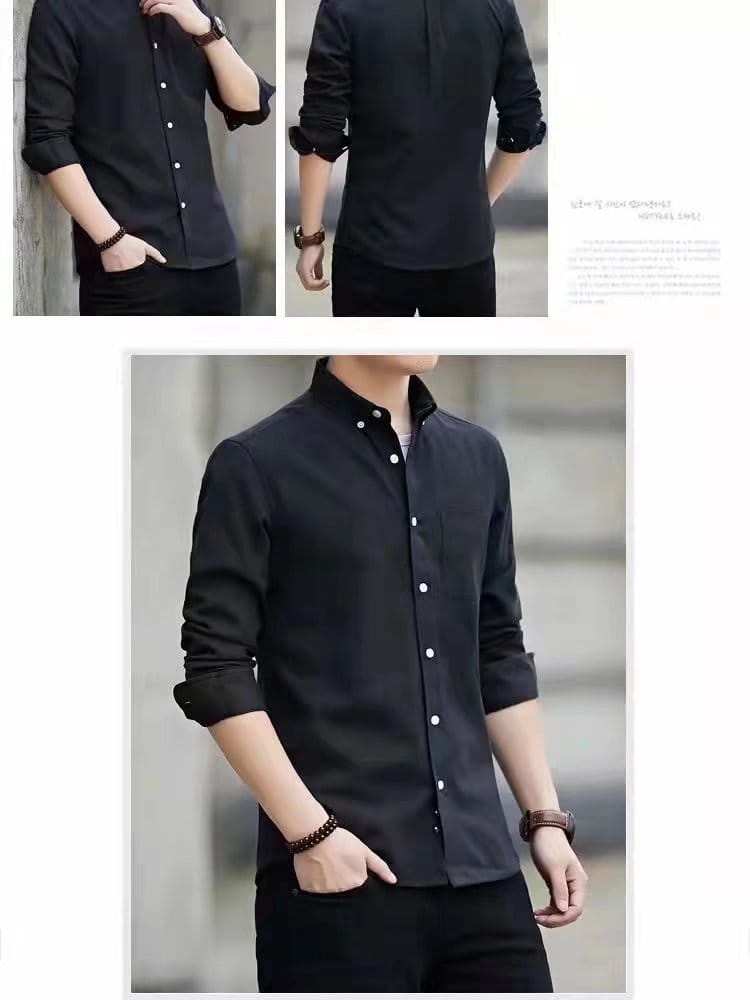 Men’s durable casual black long-sleeve work shirt with a collar and rolled cuffs made from sturdy material.