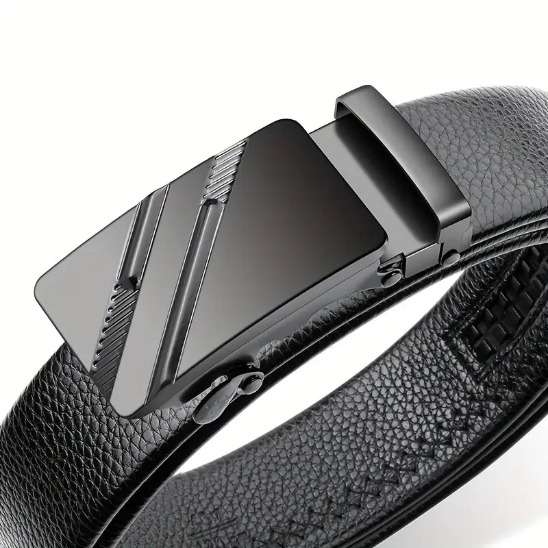 Men’s automatic buckle leather belt in black with a sleek matte-finished metal buckle featuring an angular design and subtle texturing.