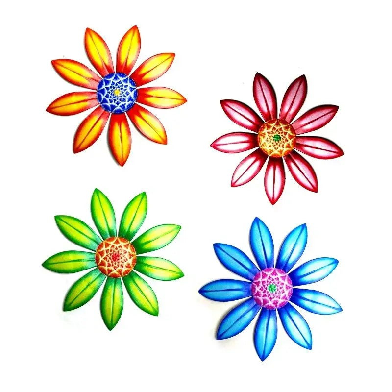 metal flower wall art sculpture featuring four vibrant stylized metal flowers with intricate geometric centers and radiating bold-colored petals for decorative wall display.