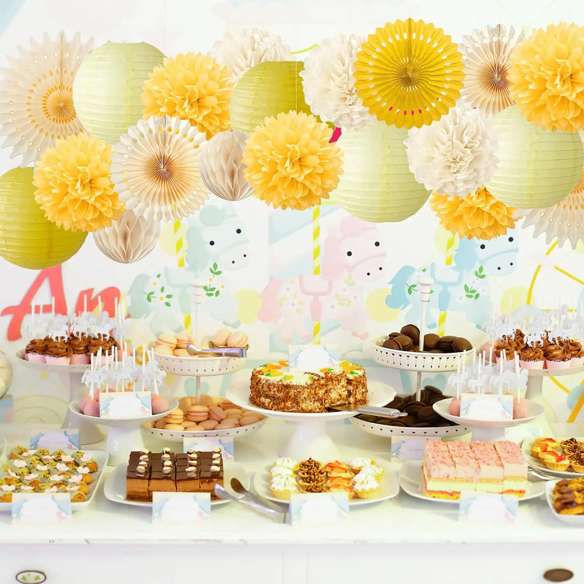 Yellow Party Decorations Yellow and Cream Paper Fans Paper Lanterns Pom Poms Flowers for Baby Shower Birthday Wedding Party