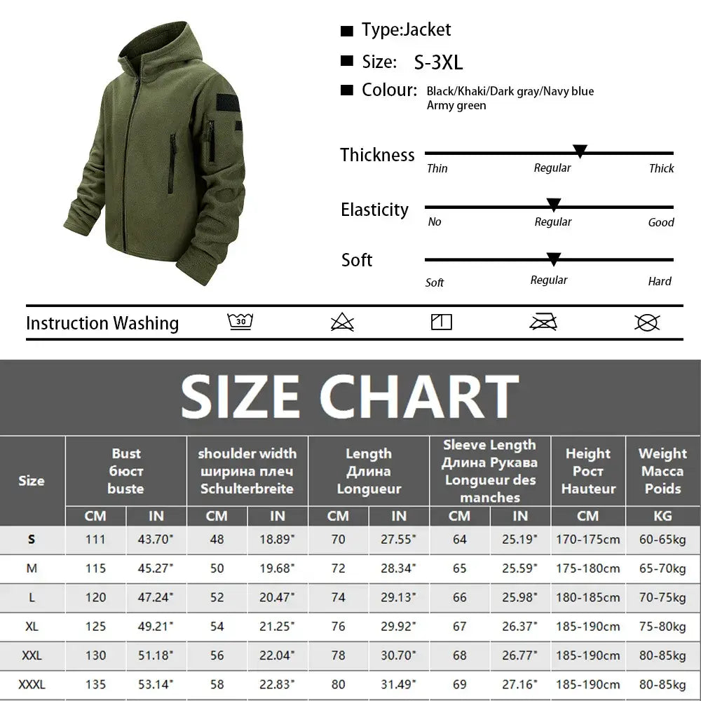 Chaqueta polaire táctica para hombre, con cremallera completa, capucha y abrigada en color verde militar, con capucha, cierre con cremallera y múltiples bolsillos, diseñada para actividades al aire libre.