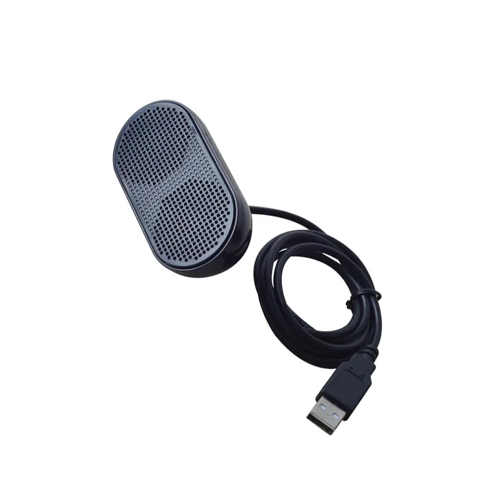 Schwarzer, oval geformter, per USB betriebenen Mini-Lautsprecher für Laptops mit perforiertem Gitter und gewendeltem Kabel für die Nutzung als tragbare Computer-Soundbar.
