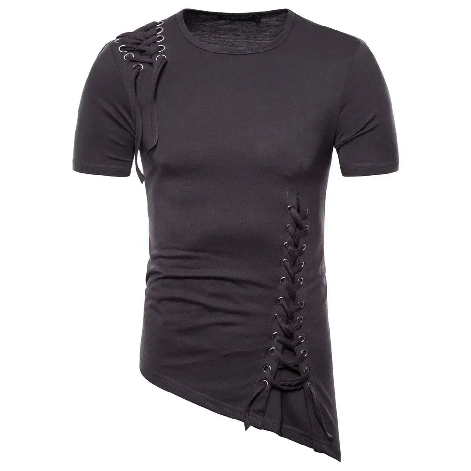 New Men's Summer Short Sleeve T-shirts Trend Irregular Design Lace Up Solid Slim Tees Fashion Gothic Style Casual Shirts Men