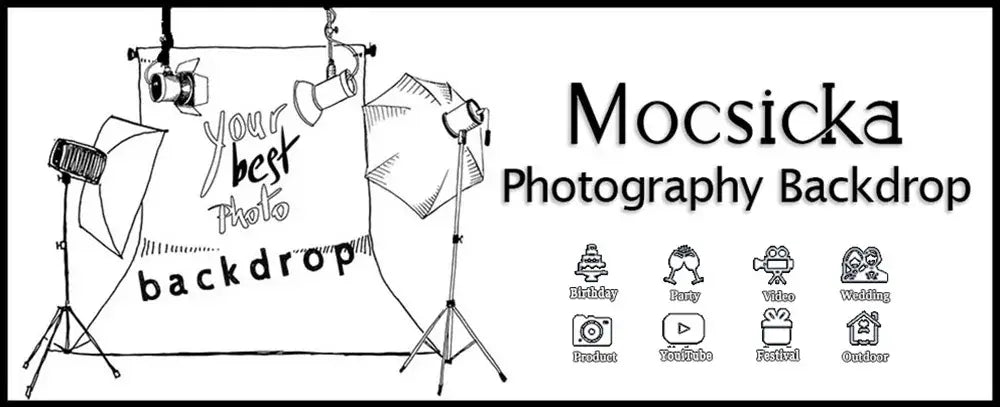 Décor rustique de photographie de mariage comprenant une configuration de studio illustrée en noir et blanc, avec du matériel d’éclairage et un fond de couronne en bois, avec le texte « votre meilleure photo ».