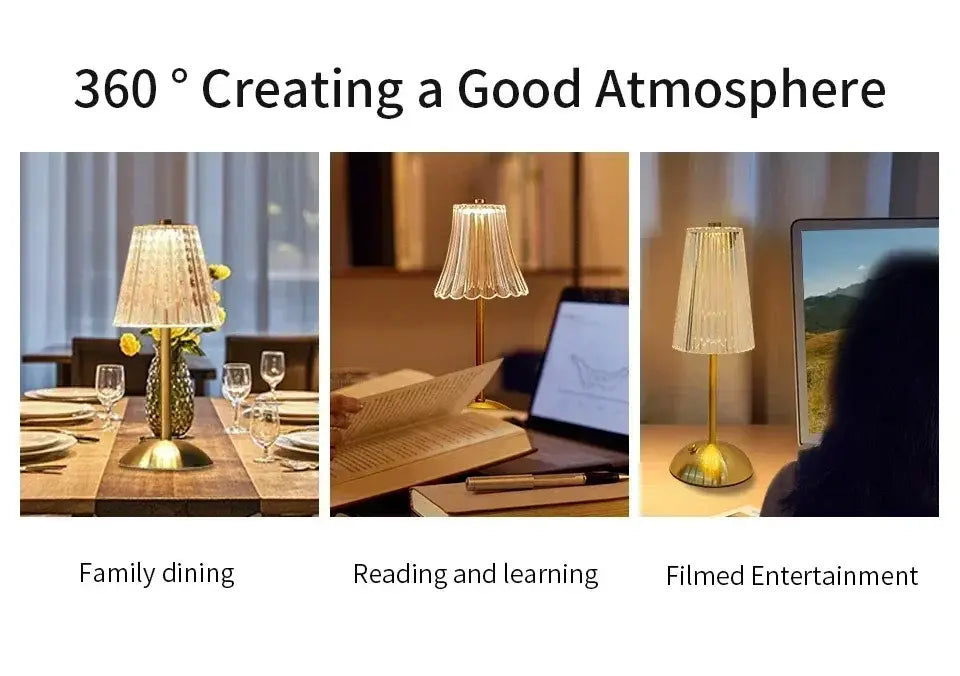 Goldfarbene wiederaufladbare Tischlampe mit einer strukturierten, gerippten Glasschirm-Ausführung als elegante Lichtquelle.