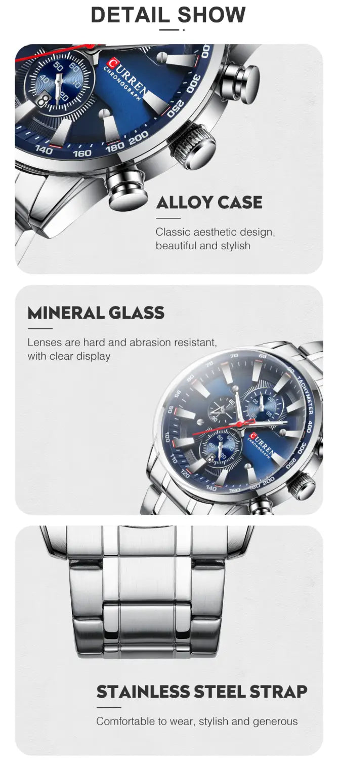 Curren mens chronograph stainless steel watch featuring a silver-toned case, blue dial with three sub-dials, and a stainless steel bracelet.