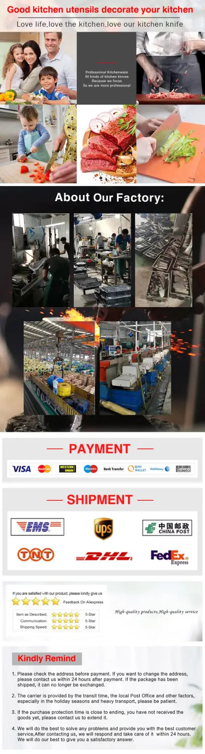 Das Bild zeigt eine Werbeanzeige für Edelstahl-Multifunktionsküchenscheren unter farbenfrohen Küchenutensilien wie Messern, Spateln und Schneidebrettern, die auf einer Arbeitsplatte angeordnet sind.