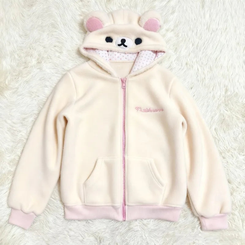 Japanese Sweet Kawaii Hoodies Jackets Women Bear Ear Hooded Zipper Sweatshirts Autumn Winter Fashion Casual Cute Hoodie Tops